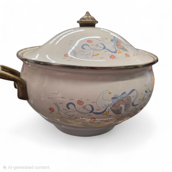 Happy Geese Lincowear 2 Q. Dutch Oven Enamel Vintage Brass Handles - Picture 3 of 16